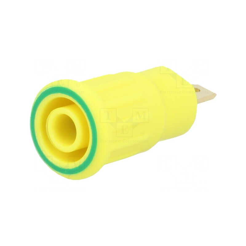 Soclu banană 4mm 24A 1kV galben-verde aurit 12,2mm | Electronic-mag.ro | Componente Electronice