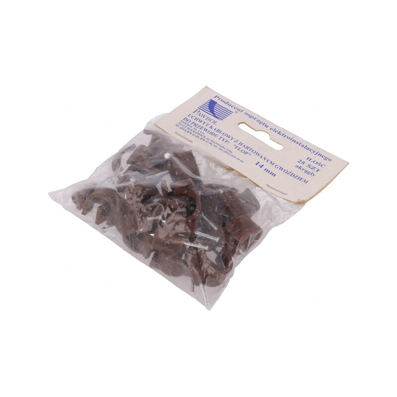 Suport cablu rotund maro 14mm - 25buc cu cui | Electronic-mag.ro | Componente Electronice