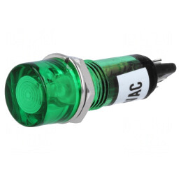 Lampă de control: cu neon FLUO; plată; verde; 230VAC; Orif: Ø10mm
