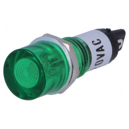 Lampă de control: cu neon; plată; verde; 230VAC; Orif: Ø10mm; IP20