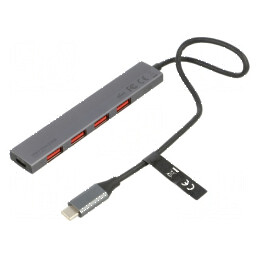 Hub USB cu 4 porturi USB A, port USB C și mufă USB C, cablu gri 0,25m | Electronic-mag.ro | Componente Electronice