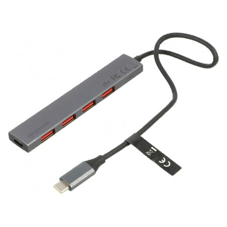 Hub USB cu 4 porturi USB A, port USB C și mufă USB C, cablu gri 0,25m | Electronic-mag.ro | Componente Electronice