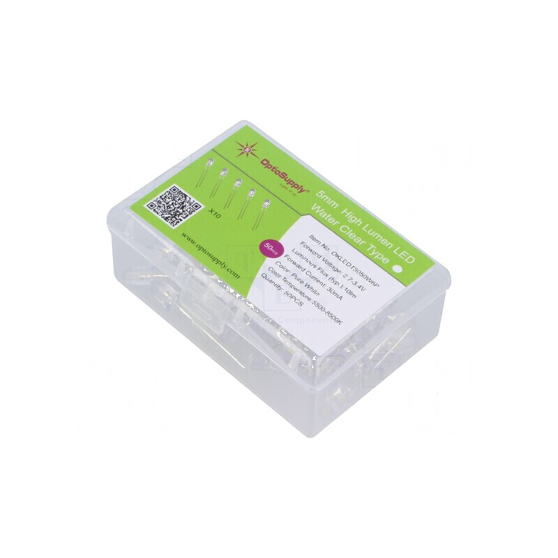 Set LED THT 5mm 50buc Alb Rece 30mA 15° în Cutie Plastic | Electronic-mag.ro | Componente Electronice