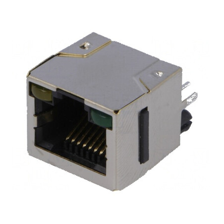 Conector RJ45 Cat 5 ecranat cu diodă LED THT drept | Electronic-mag.ro | Componente Electronice