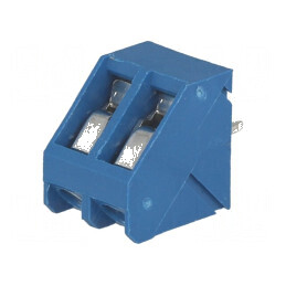 Regletă de conexiuni pentru PCB în unghi de 45° cu 5mm piste, 2 canale, 16A | Electronic-mag.ro | Componente Electronice