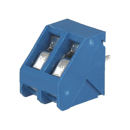 Regletă de conexiuni pentru PCB în unghi de 45° cu 5mm piste, 2 canale, 16A | Electronic-mag.ro | Componente Electronice