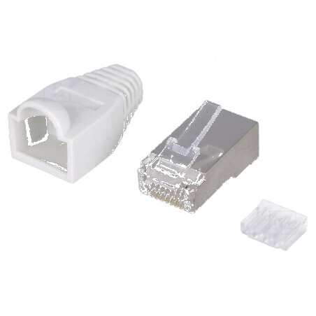 Conector RJ45 ecranat Cat 6 cu manșon alb drept - Mufă PIN 8 | Electronic-mag.ro | Componente Electronice