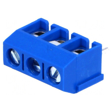 Regletă de conexiuni pentru PCB în unghi de 90°, cu 5mm piste și capacitate de 2,5mm² - 3 terminale | Electronic-mag.ro | Componente Electronice