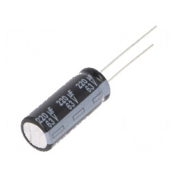 Condensator Electrolitic Low ESR THT 220uF 63VDC, Dimensiuni Ø10x25mm, Componentă Electronică de Calitate | Electronic-mag.ro | Componente Electronice