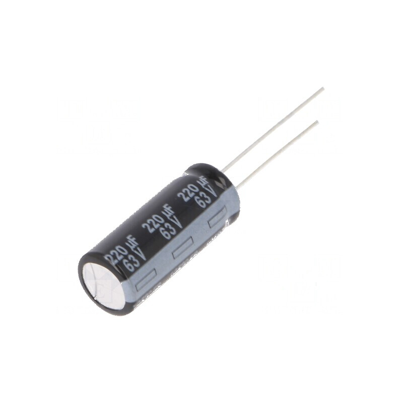 Condensator Electrolitic Low ESR THT 220uF 63VDC, Dimensiuni Ø10x25mm, Componentă Electronică de Calitate | Electronic-mag.ro | Componente Electronice