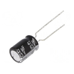 Condensator electrolitic THT 47uF 63VDC Ø8x11,5mm Raster 5mm - componentă electronică | Electronic-mag.ro | Componente Electronice