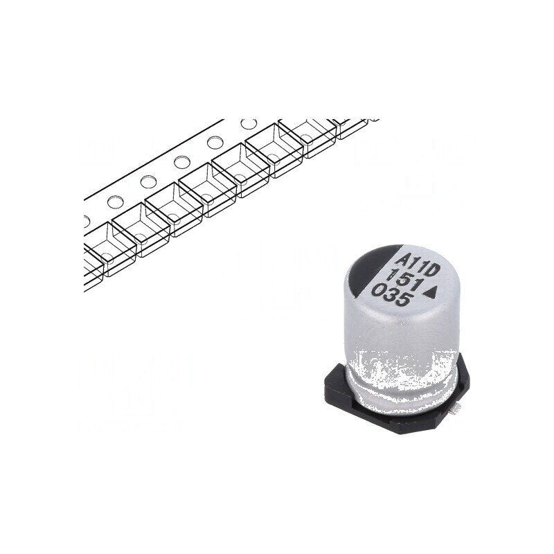 Condensator electrolitic SMD 150uF 35VDC Ø8x10,5mm 5000h - Componentă electronică pentru circuite | Electronic-mag.ro | Componente Electronice Condensator electrolitic SMD 150uF 35VDC Ø8x10,5mm 5000h - Componentă electronică pentru circuite | Electronic-mag.ro | Componente Electronice