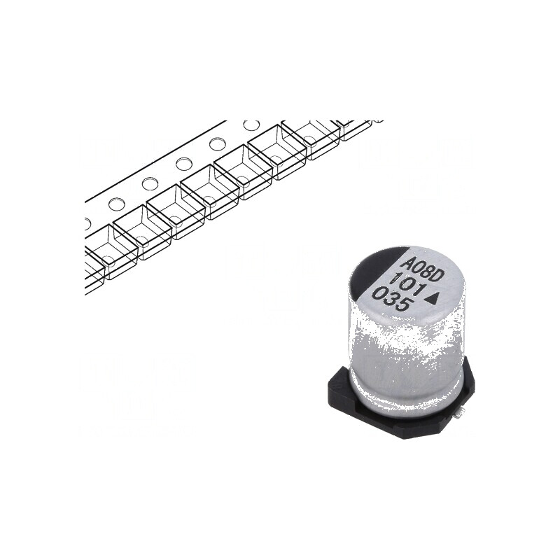 Condensator electrolitic SMD 100uF 35VDC Ø8x10,5mm 5000h pentru circuite electronice | Electronic-mag.ro | Componente Electronice