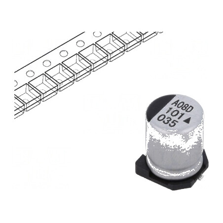 Condensator electrolitic SMD 100uF 35VDC Ø8x10,5mm 5000h pentru circuite electronice | Electronic-mag.ro | Componente Electronice