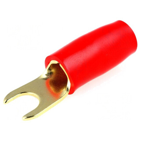 Terminal furcă M4 10mm² aurit, izolată roşie | Electronic-mag.ro | Componente Electronice