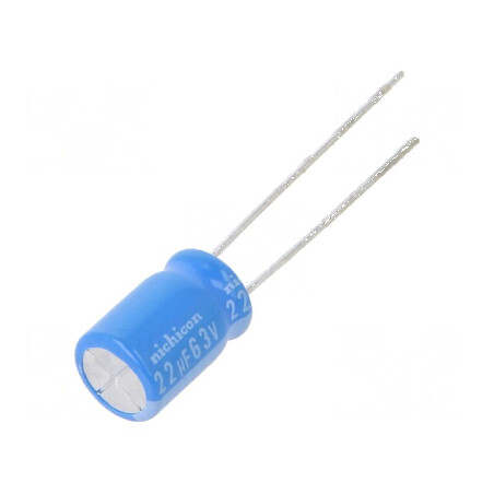 Condensator electrolitic THT 22uF 63VDC Ø8x11,5mm ±20% 2000h - Componente electronice | Electronic-mag.ro | Componente Electronice