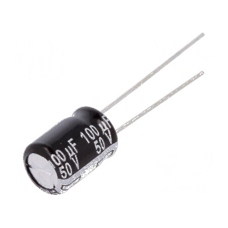 Condensator electrolitic THT 100uF 50VDC Ø8x11,5mm ±20% pentru circuite electrice | Electronic-mag.ro | Componente Electronice
