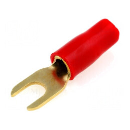 Terminal tip furcă M4 6mm² aurit, izolată roşie | Electronic-mag.ro | Componente Electronice