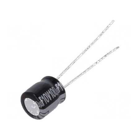Condensator electrolitic THT 100uF 10VDC Ø6,3x7mm ±20% 1000h - componentă electronică de calitate | Electronic-mag.ro | Componente Electronice