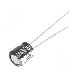 Condensator electrolitic THT 47uF 16VDC Ø6,3x7mm ±20% 1000h - componentă electronică de calitate | Electronic-mag.ro | Componente Electronice