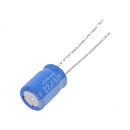 Condensator electrolitic THT 22uF 63VDC Ø8x11,5mm ±20% 1000h pentru circuite electrice | Electronic-mag.ro | Componente Electronice