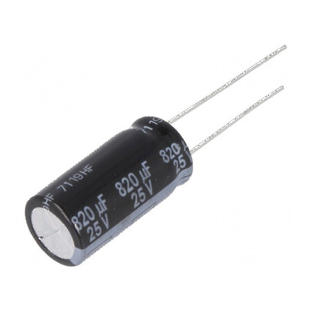 Condensator electrolitic low ESR THT 820uF 25VDC Ø10x20mm pentru circuite electrice | Electronic-mag.ro | Componente Electronice