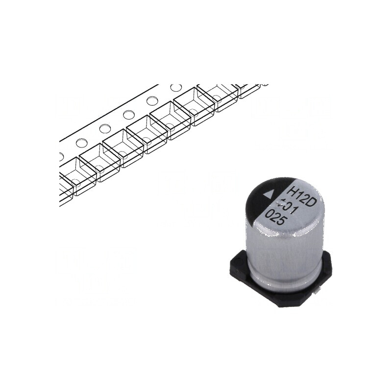 Condensator electrolitic SMD 100uF 25VDC Ø8x10,5mm 2000h pentru circuite electronice | Electronic-mag.ro | Componente Electronice