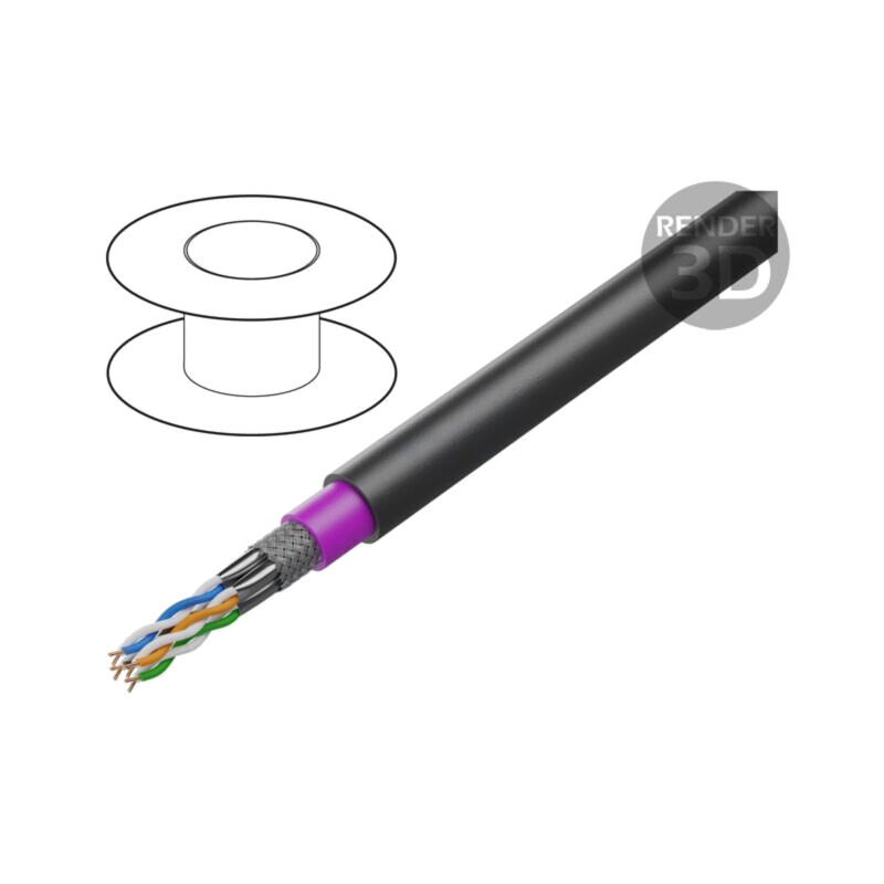 Cablu; S/FTP; 4x2x23AWG; 7; sârmă; OFC; PE; negru; 250m; Øcablu: 8,6mm Cablu; S/FTP; 4x2x23AWG; 7; sârmă; OFC; PE; negru; 250m; Øcablu: 8,6mm