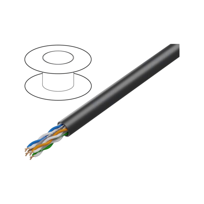 Cablu; U/UTP; 4x2x23AWG; 6; la exterior; sârmă; Cu; PE; negru; 305m Cablu; U/UTP; 4x2x23AWG; 6; la exterior; sârmă; Cu; PE; negru; 305m