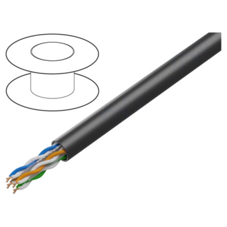 Cablu; U/UTP; 4x2x23AWG; 6; la exterior; sârmă; Cu; PE; negru; 305m