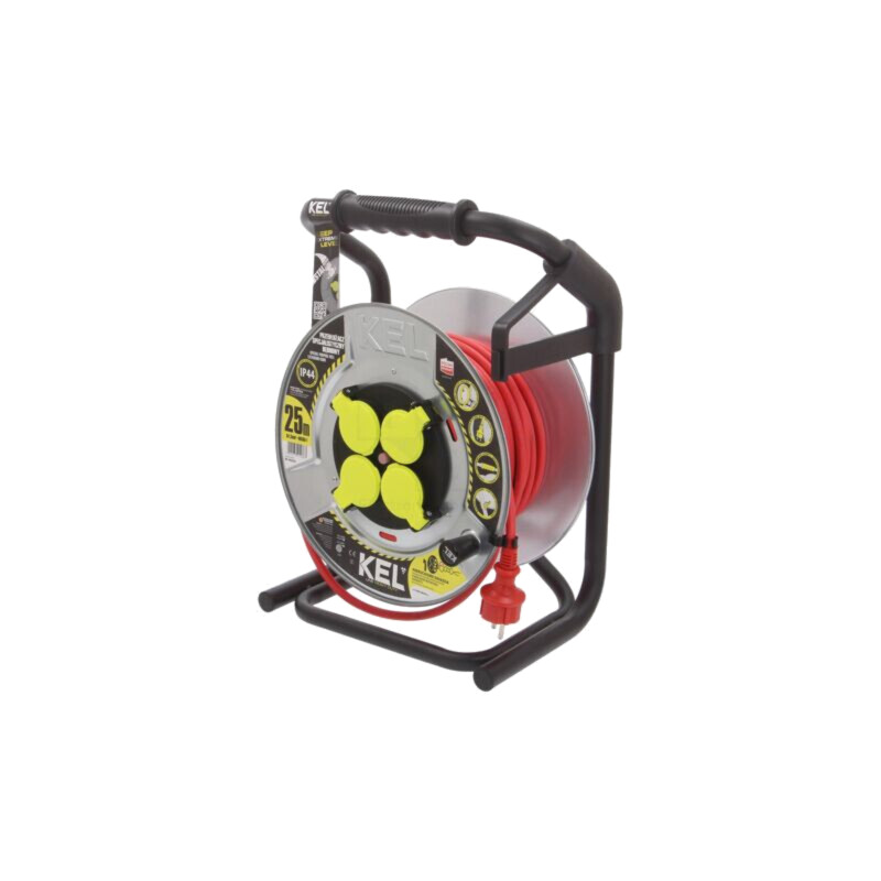 Prelungitor alimentare; 3x1,5mm2; Prize: 4; gumă; roşu; 25m; 16A Prelungitor alimentare; 3x1,5mm2; Prize: 4; gumă; roşu; 25m; 16A