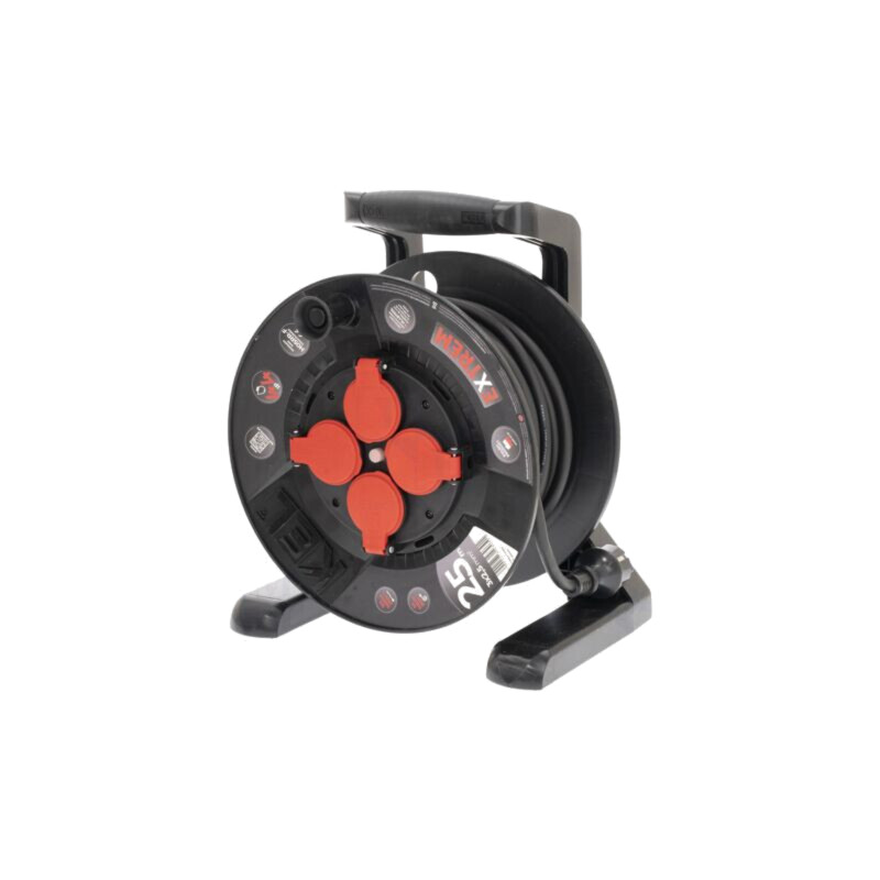 Prelungitor alimentare; 3x2,5mm2; Prize: 4; gumă; negru; 25m; 16A Prelungitor alimentare; 3x2,5mm2; Prize: 4; gumă; negru; 25m; 16A