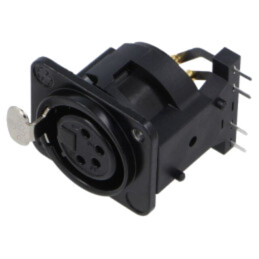 Conector: XLR; soclu; mamă; PIN: 4; în unghi 90°; cu buton; THT; 6A