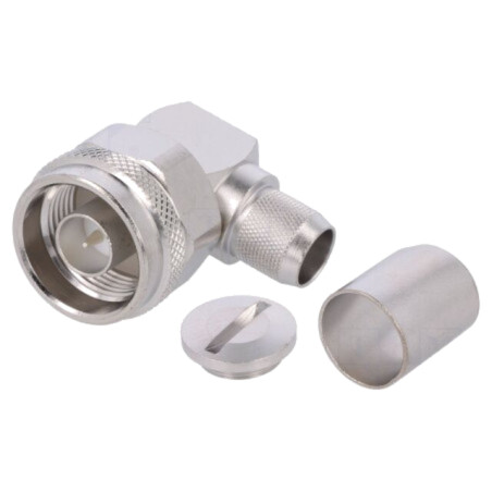 Conector: N; mufă; tată; în unghi 90°; 50Ω; RG214,RG393; pe cablu