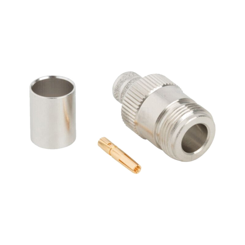 Conector: N; mufă; mamă; drept; 50Ω; crimpat; pe cablu; PTFE; aurit
