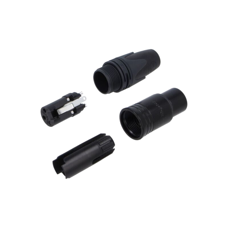 Conector: XLR; mufă; mamă; PIN: 3; drept; pe cablu; lipire; 16A; 14AWG