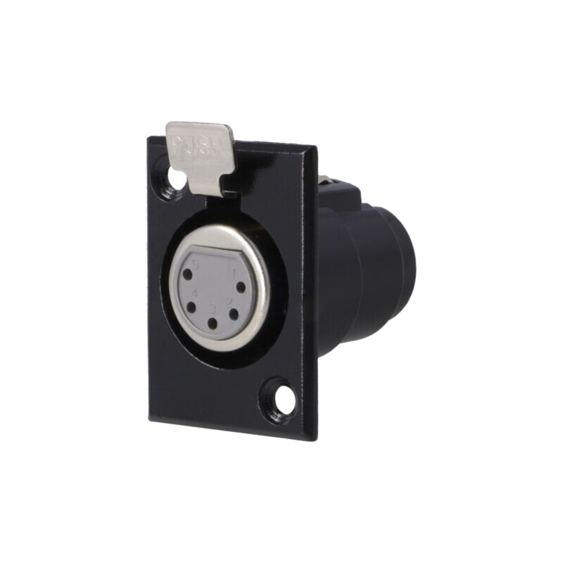 Conector: XLR; soclu; mamă; PIN: 5; cu buton; lipire; neagră; metal