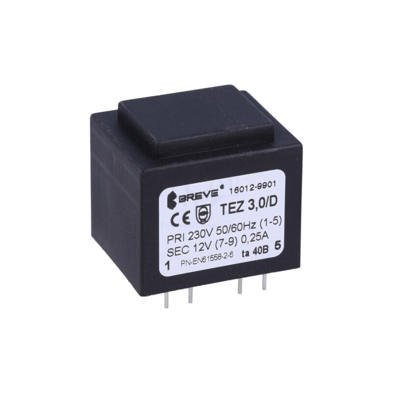 Transformator: încapsulat; 3VA; 230VAC; 12V; 250mA; PCB; IP00; TEZ Transformator: încapsulat; 3VA; 230VAC; 12V; 250mA; PCB; IP00; TEZ
