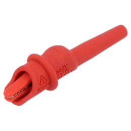 Bornă crocodil; 10A; Capacitate prindere: max.9mm; roşie; lipită