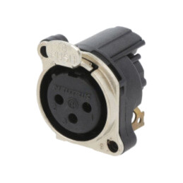 Conector: XLR; soclu; mamă; PIN: 3; în unghi 90°; cu buton; THT; 6A