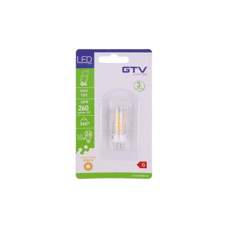 Lampă LED; alb cald; G4; 12VDC; 260lm; 3W; 360°; 3000K Lampă LED; alb cald; G4; 12VDC; 260lm; 3W; 360°; 3000K