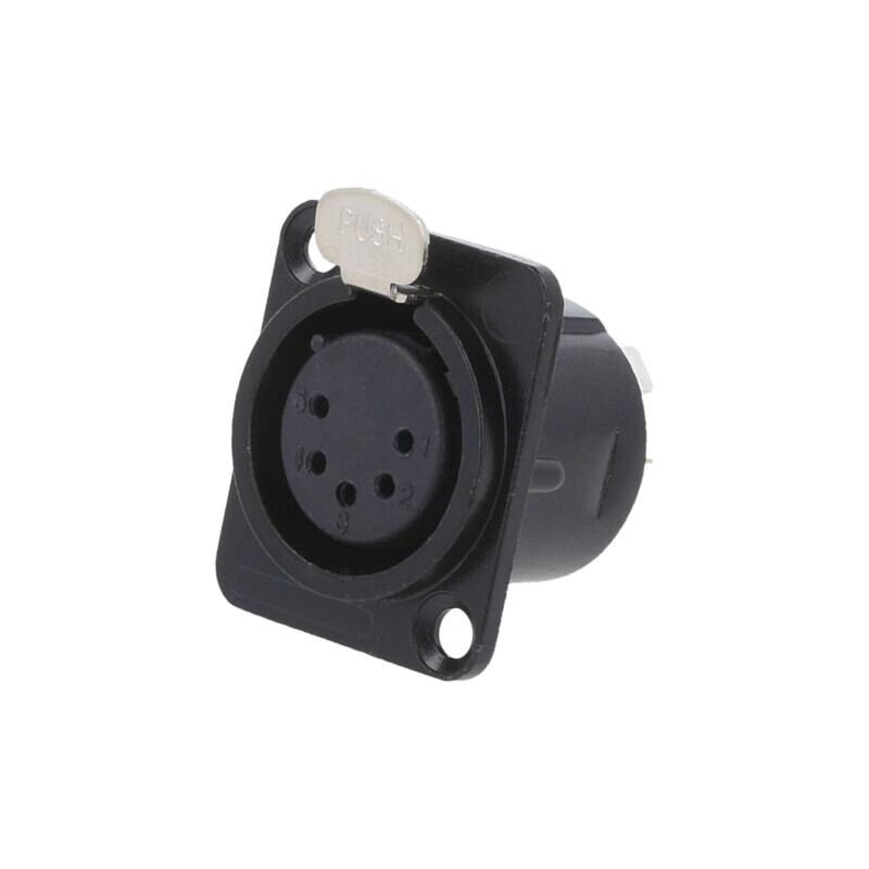 Conector: XLR; soclu; mamă; PIN: 5; cu buton; lipire; neagră; metal