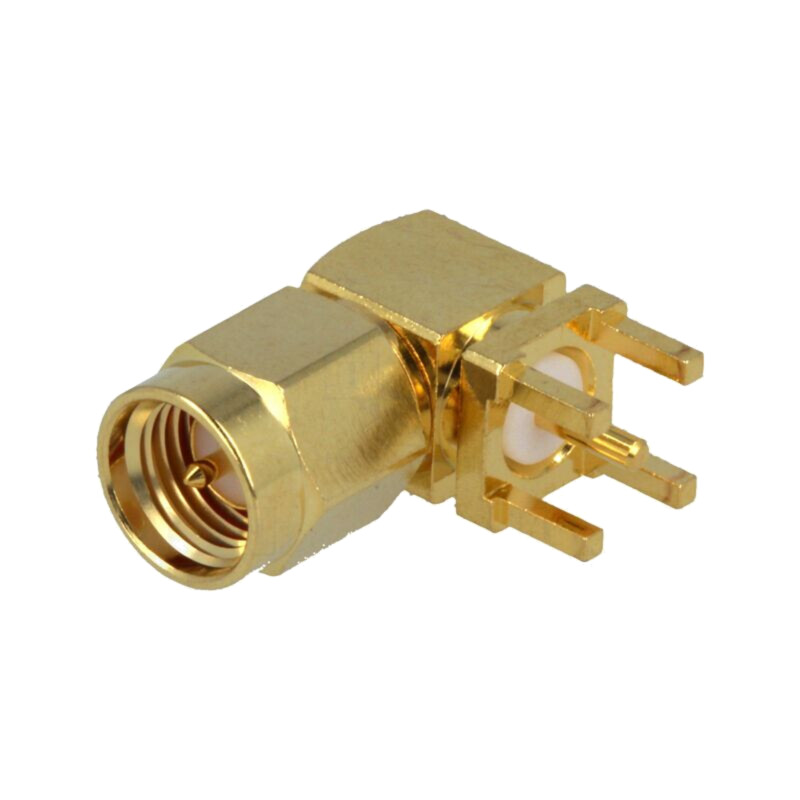 Conector: SMA; soclu; tată; în unghi 90°; THT; aurit