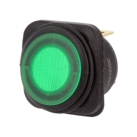 ROCKER; SPST; Poz: 2; ON-OFF; 25A/12VDC; verde; IP65; LED; R13-203-DC