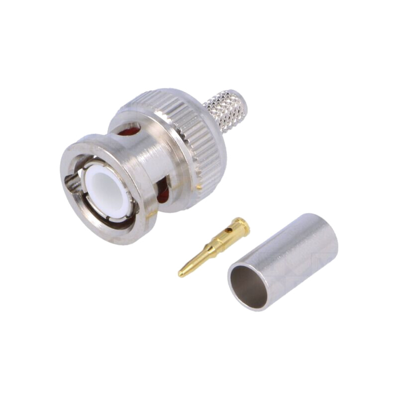 Conector: BNC; mufă; tată; drept; 50Ω; B9907,RG58; Ømax: 5mm; crimpat Conector: BNC; mufă; tată; drept; 50Ω; B9907,RG58; Ømax: 5mm; crimpat