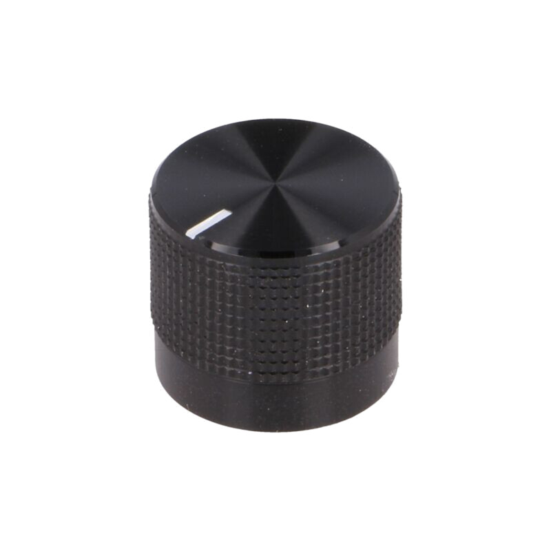 Buton rotativ; cu indicator; Øax: 6mm; Ø20mm; neagră; Ax: moletat Buton rotativ; cu indicator; Øax: 6mm; Ø20mm; neagră; Ax: moletat