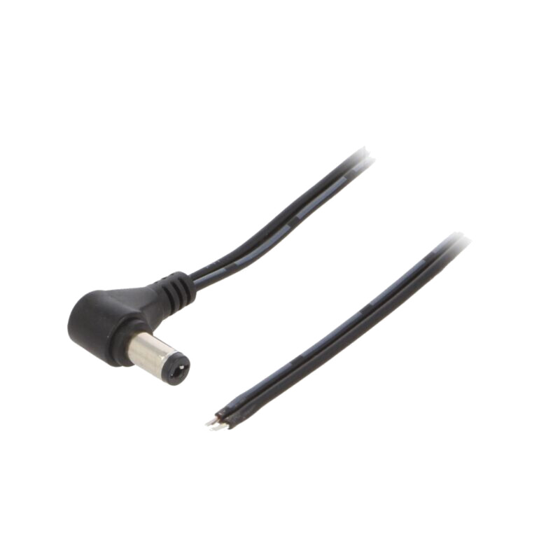 Cablu; 2x0,5mm2; cabluri,DC 5,5/2,1 mufă; în unghi; negru; 1,5m Cablu; 2x0,5mm2; cabluri,DC 5,5/2,1 mufă; în unghi; negru; 1,5m