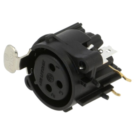 Conector: XLR; soclu; mamă; PIN: 3; în unghi 90°; cu buton; THT; 6A