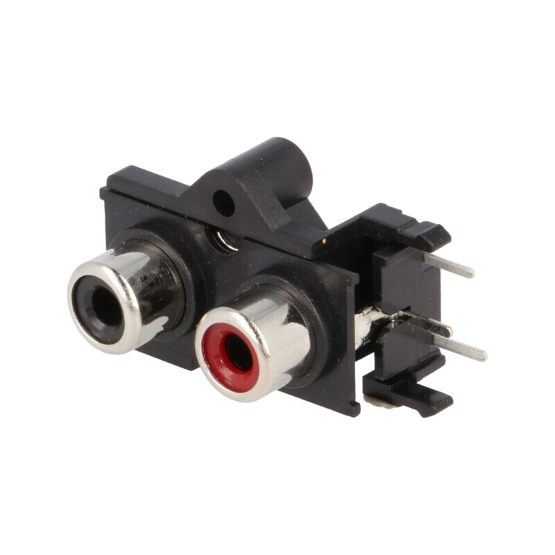 Conector: RCA; soclu; mamă; duble; în unghi 90°; THT; nichelat Conector: RCA; soclu; mamă; duble; în unghi 90°; THT; nichelat