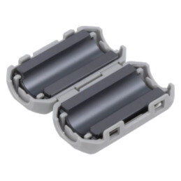 Ferită: două piese; pe cablu rotund; A: 35mm; B: 28mm; C: 9mm; gri